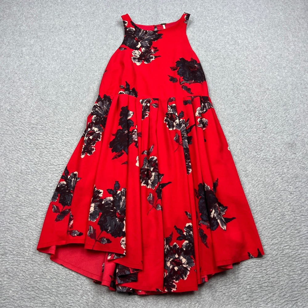 Free People Flutterby Dress Womens 2 Red Floral Halter Pleated Keyhole Fit Flare